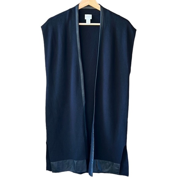 Chico's Sweaters - Chico’s Medium Black Knit Long Line Open Front Vest Cardigan. Faux Leather Trim